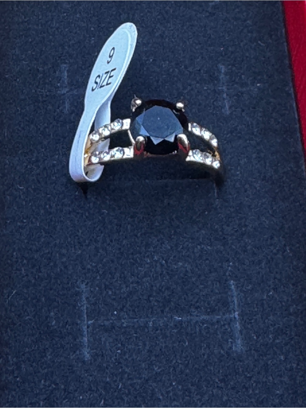Gold Ring with Black Center Stone and Clear Accents - Women's Size 9